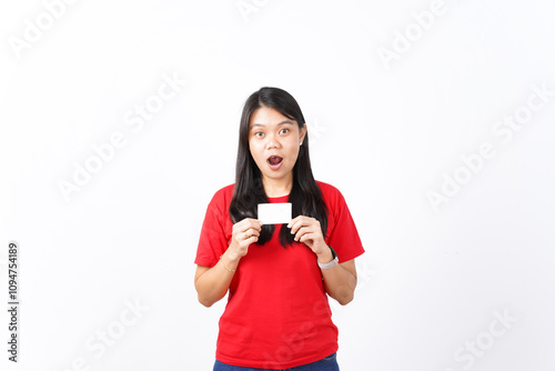 beautiful Asian woman shows happy, surprised expressions while holding blank cards for ads, set on a white background