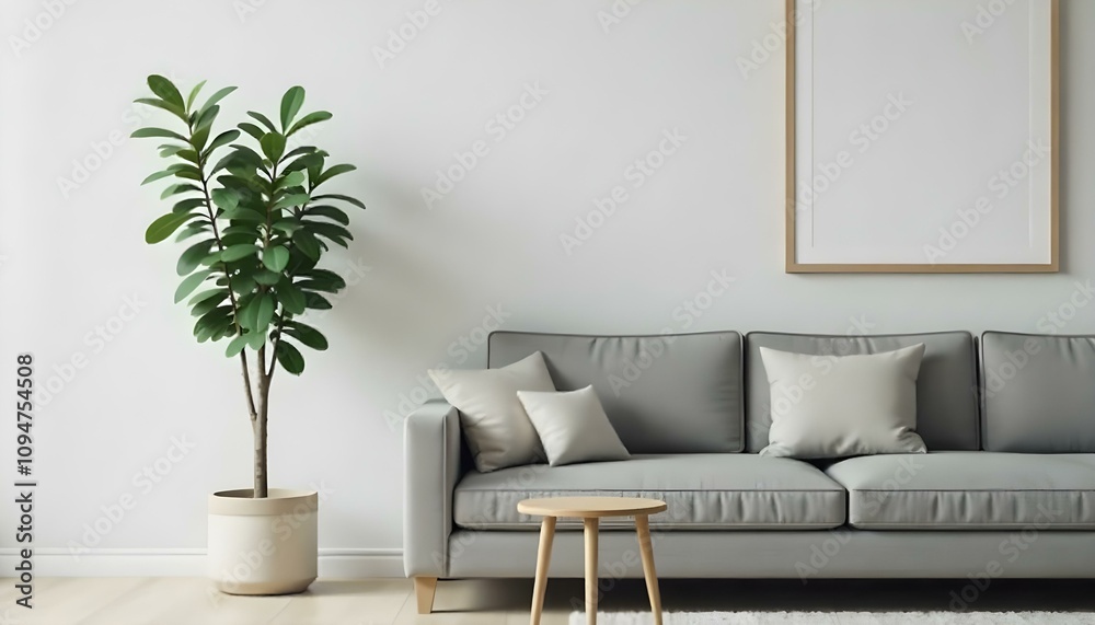 A minimalist living room with a gray sofa, a wooden side table, a potted plant, and a framed artwork on the wall