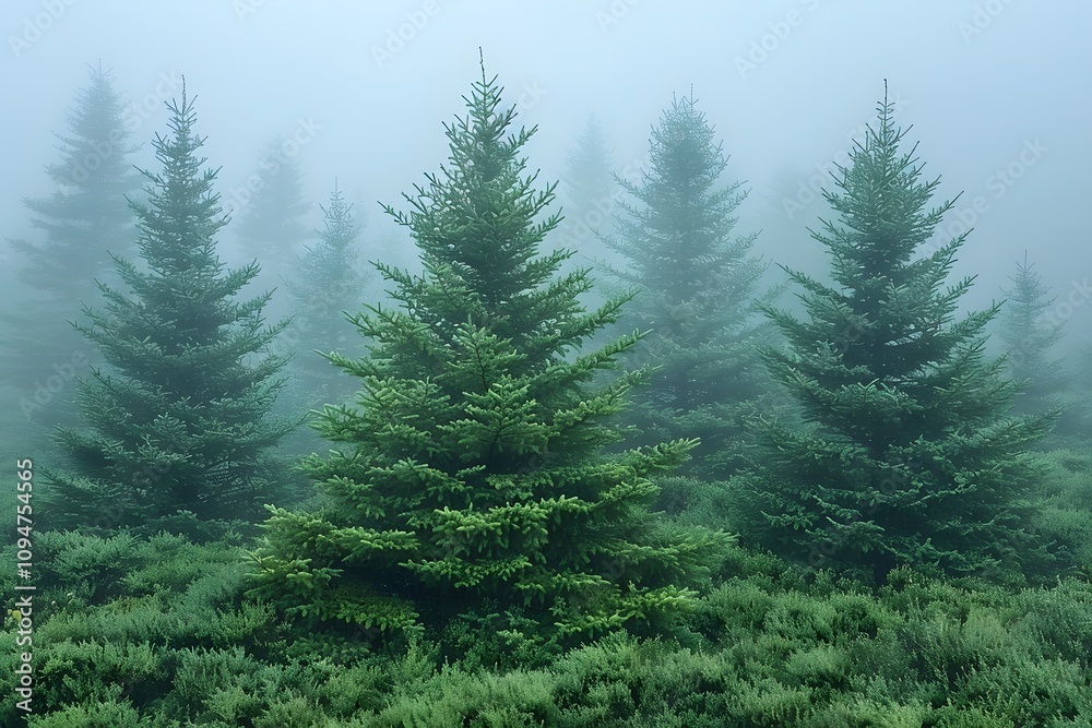 Tranquil Forest Scene with Foggy Pine Trees for Nature and Seasonal Designs Tranquil Forest Scene with Foggy Pine Trees for Nature and Seasonal Designs