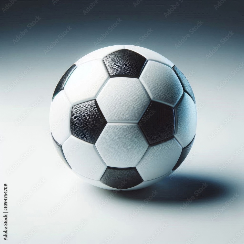 Naklejka premium A classic black and white paneled soccer ball on a white background, symbolizing sports. AI generated. 
