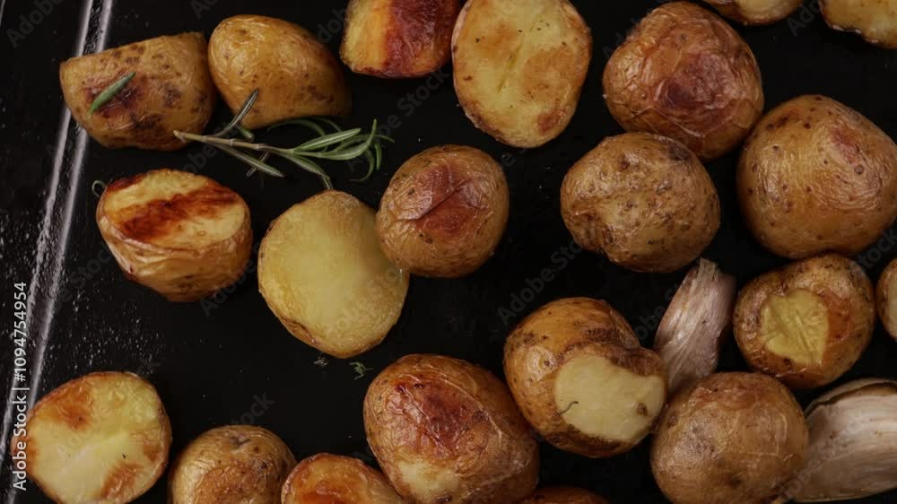 golden roasted potatoes on baking dish top view food golden roasted potatoes on baking dish top view food