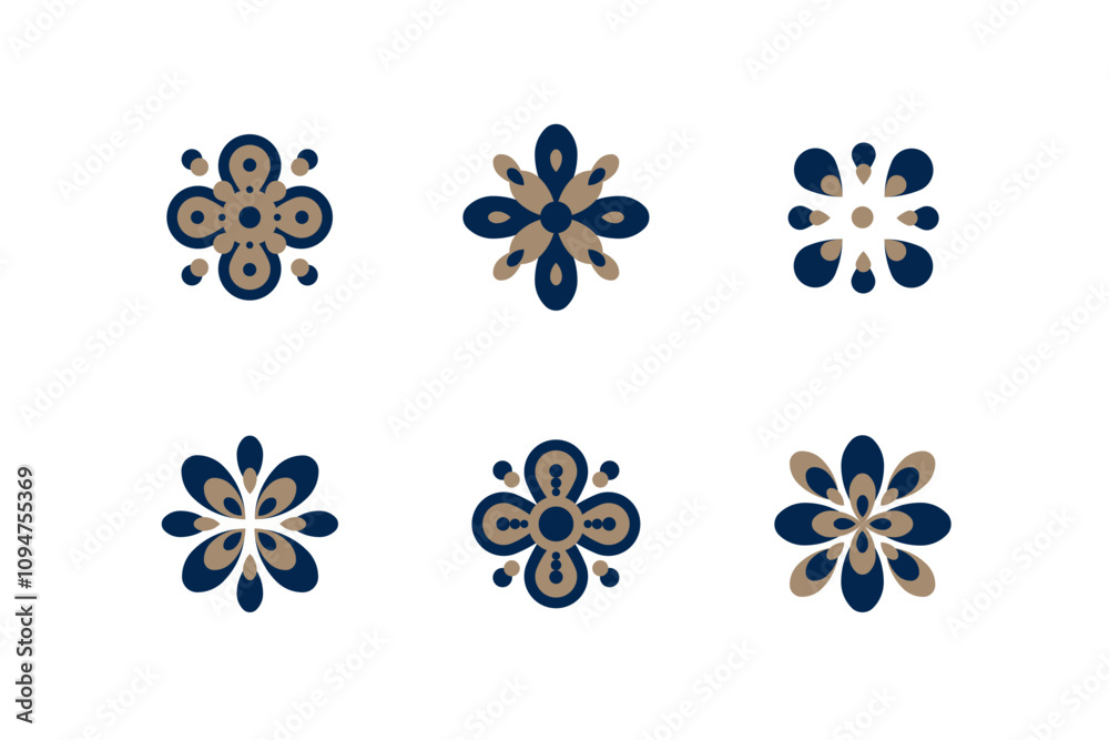Four-leaf flower element. Set of 6 geometric emblem. Modern abstract linear shape for decor and pattern. Four-leaf flower element. Set of 6 geometric emblem. Modern abstract linear shape for decor and pattern.