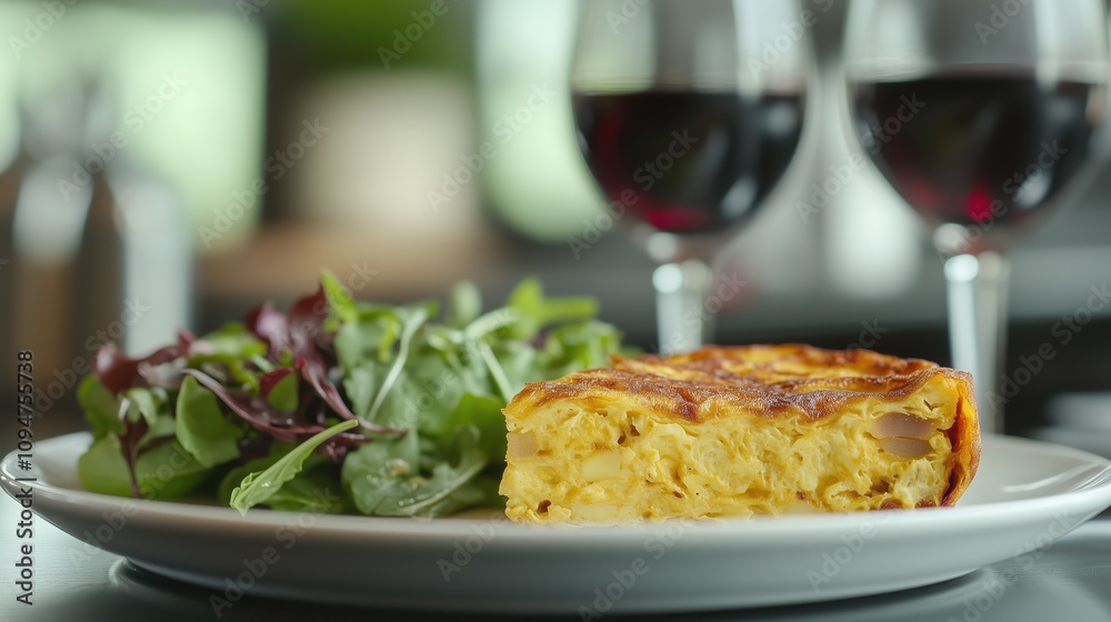 A savory Spanish omelet, perfectly cooked and sliced, is plated alongside a vibrant green salad. Two glasses of red wine complete the elegant dining experience A savory Spanish omelet, perfectly cooked and sliced, is plated alongside a vibrant green salad. Two glasses of red wine complete the elegant dining experience