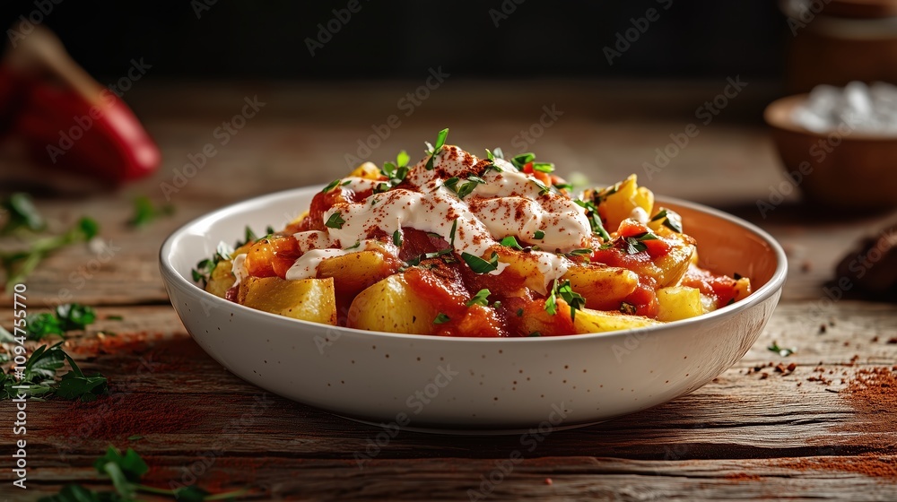 This dish features crispy patatas bravas, topped with a rich tomato sauce, aioli, and garnished with finely chopped herbs. Enjoyed at a casual dining setting This dish features crispy patatas bravas, topped with a rich tomato sauce, aioli, and garnished with finely chopped herbs. Enjoyed at a casual dining setting