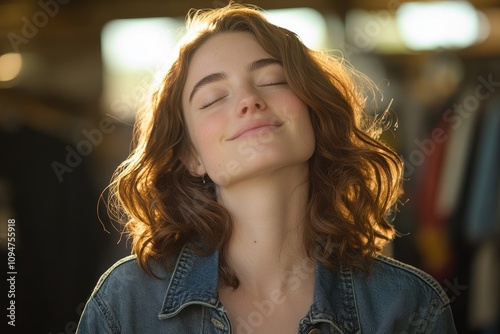 Smiling woman enjoying sunlight in store wearing denim jacket