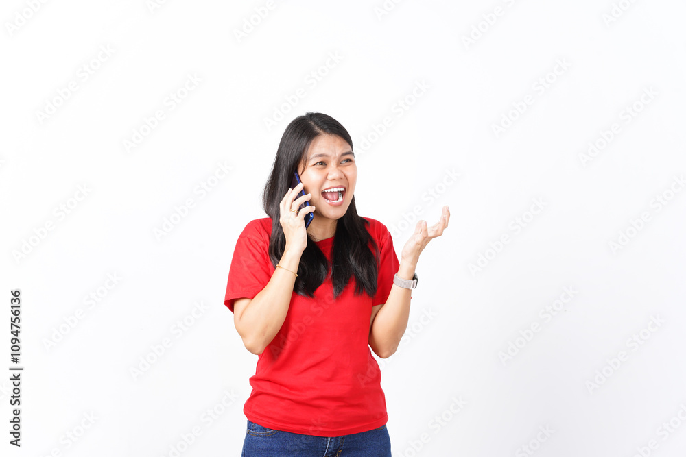 beautiful Asian woman shows an angry pose while talking on a smartphone, set against a white background beautiful Asian woman shows an angry pose while talking on a smartphone, set against a white background