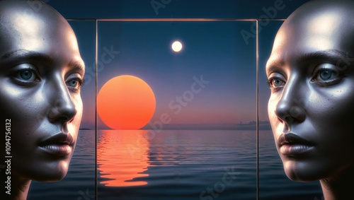 Surreal floating figure with celestial reflections at sunset photo