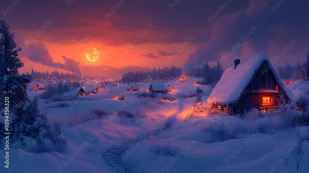 Cozy snowy village surrounded by snowy fields, glowing city lights far away, full moon adding to the holiday charm, vector art style