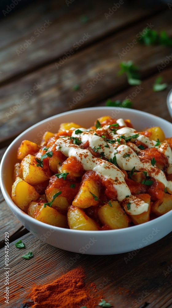 Patatas bravas are served in a white bowl, topped with a rich spicy sauce and creamy alioli. The dish is garnished with fresh herbs on a rustic wooden surface, showcasing vibrant colors Patatas bravas are served in a white bowl, topped with a rich spicy sauce and creamy alioli. The dish is garnished with fresh herbs on a rustic wooden surface, showcasing vibrant colors