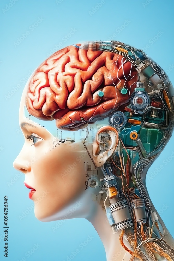 Obraz premium Futuristic concept of a human head showcasing a brain intertwined with technology and machinery elements.