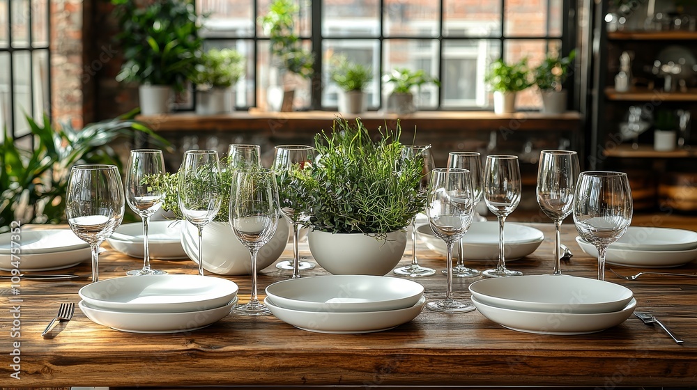 Elegant dining setup with plants and tableware in modern interior