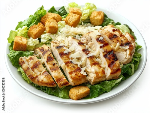 Caesar salad topped with grilled chicken, Parmesan shavings, croutons, and creamy dressing isolated