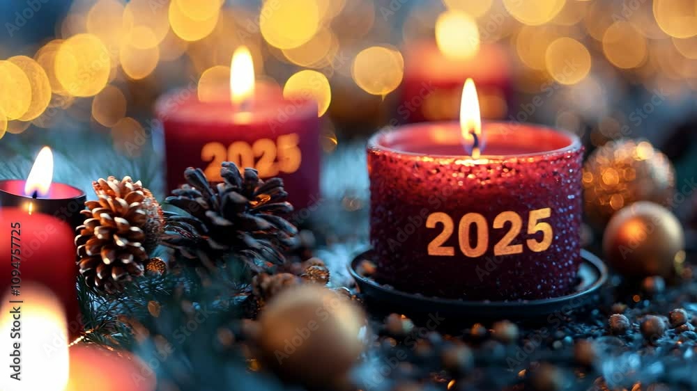 A lit candle with the number 2025 written on it. The candle is surrounded by a bunch of gold and red ornaments