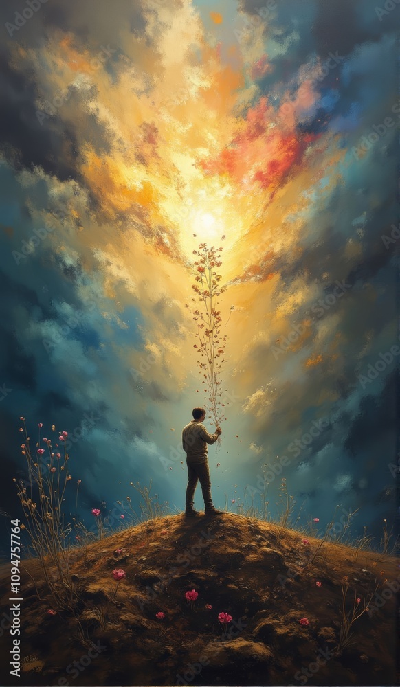 A man nurturing growth under vibrant skies A man nurturing growth under vibrant skies