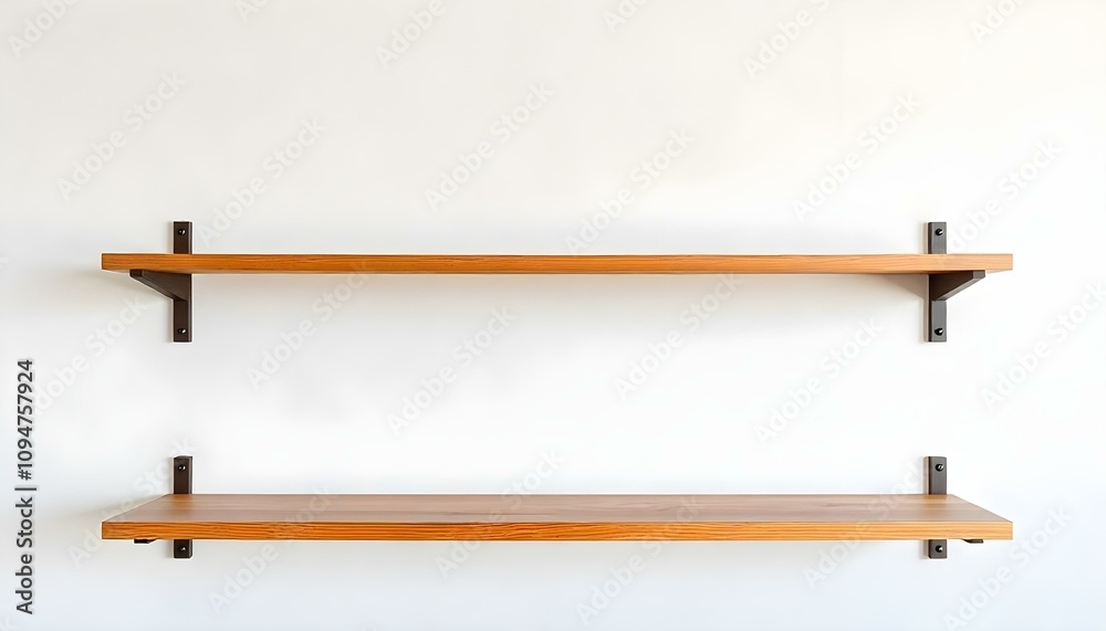 Wood shelves on a plain white wall with copy space Wood shelves on a plain white wall with copy space