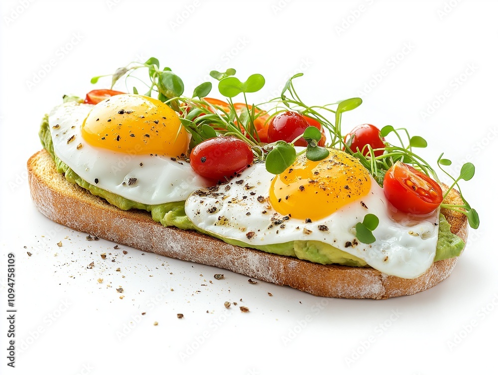 fresh avocado toast topped with poached eggs, cherry tomatoes, and microgreens isolated fresh avocado toast topped with poached eggs, cherry tomatoes, and microgreens isolated