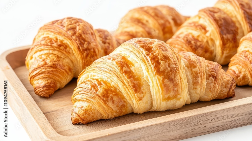 Close-up of freshly baked croissants on a wooden tray, golden and flaky texture, warm bakery ambiance, rustic style, soft morning light