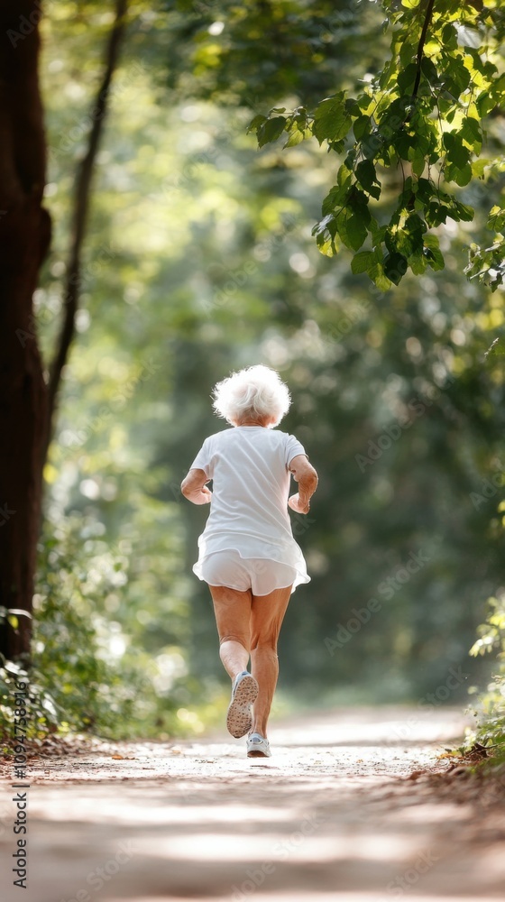 Elderly woman jogging through a sunlit forest path in summer, AI Elderly woman jogging through a sunlit forest path in summer, AI