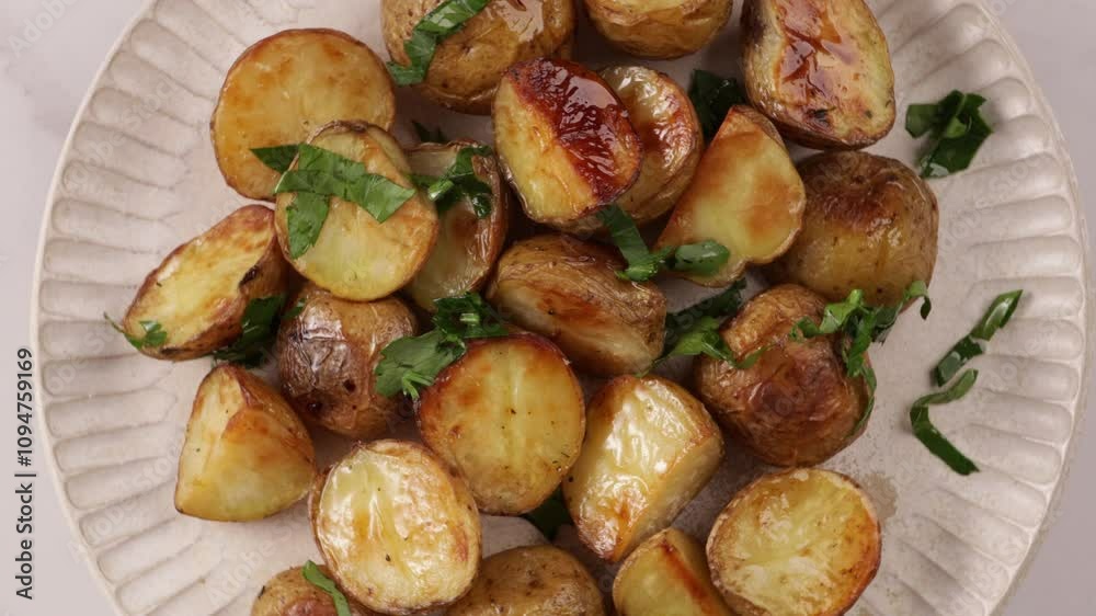 golden roasted potatoes with herbs top view on plate rotation food golden roasted potatoes with herbs top view on plate rotation food