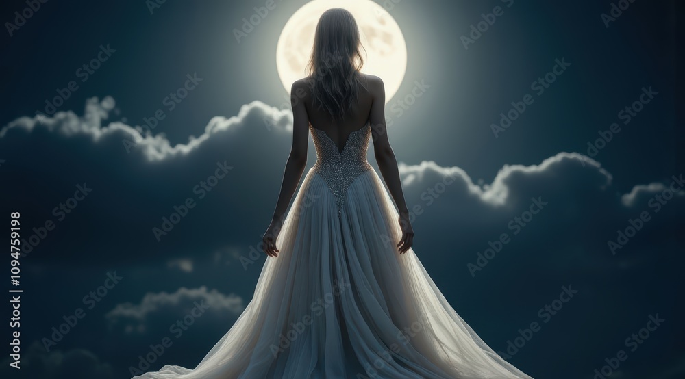 Woman in a flowing gown under the moonlight Woman in a flowing gown under the moonlight