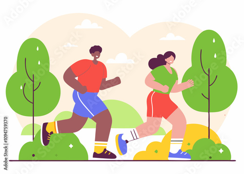 illustration of running men and women wearing sportswer. Marathon race, 5k run, sprint. Creative landing page design template