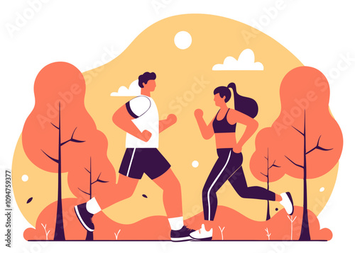 Man and woman run in park. Vector Illustration of couple runners jogging together. 