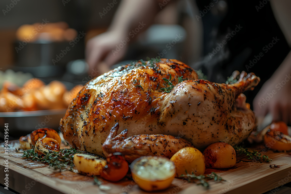 A blurred kitchen brigade is in the background with a cooked turkey in the foreground A blurred kitchen brigade is in the background with a cooked turkey in the foreground