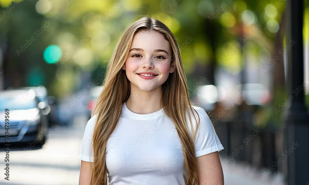 Bright day in the city with a young girl joyfully walking down the street surrounded by trees and sunlight