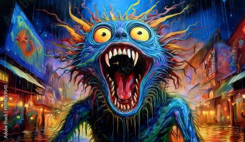 Horror-themed psychedelic painting of a monstrous figure