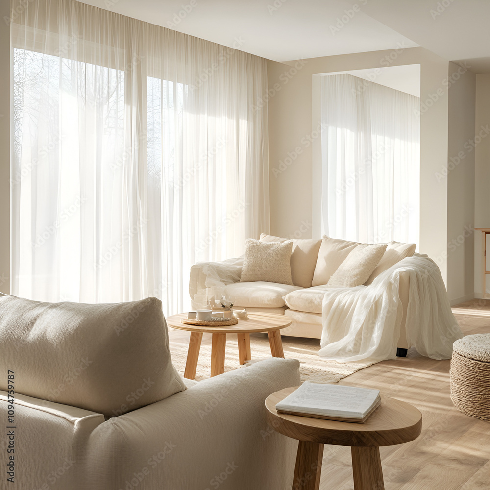 Fototapeta premium Cozy living room setup featuring soft textiles minimalist design natural light modern aesthetic inviting atmosphere