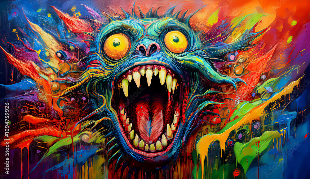 Horror-themed psychedelic painting of a monstrous figure Horror-themed psychedelic painting of a monstrous figure