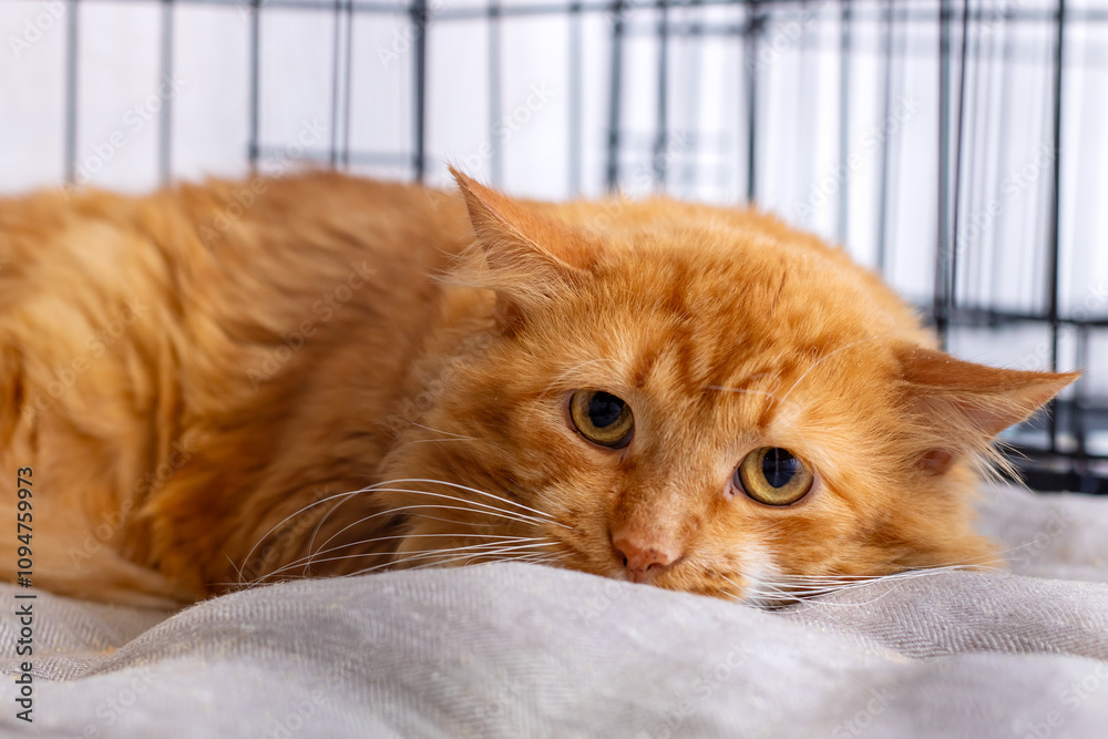 Obraz premium An orange cat is lounging on a soft blanket, gazing at the camera