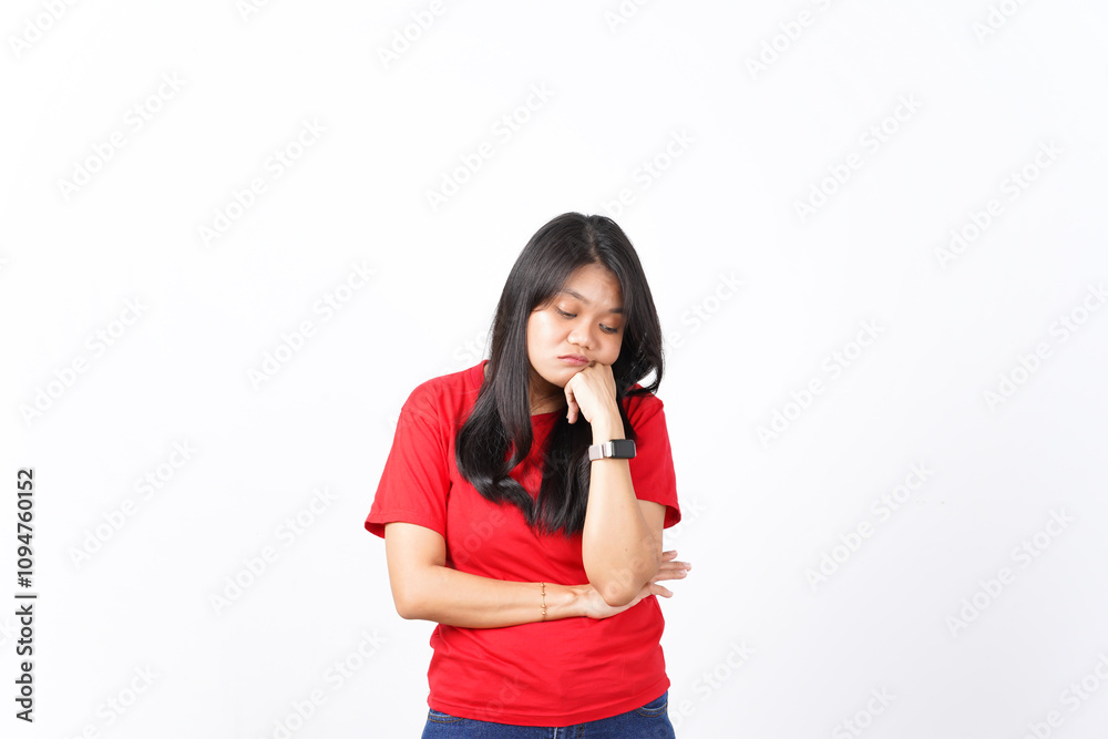 beautiful Asian woman looks tired and sleepy, leaning on one palm, set against a white background beautiful Asian woman looks tired and sleepy, leaning on one palm, set against a white background