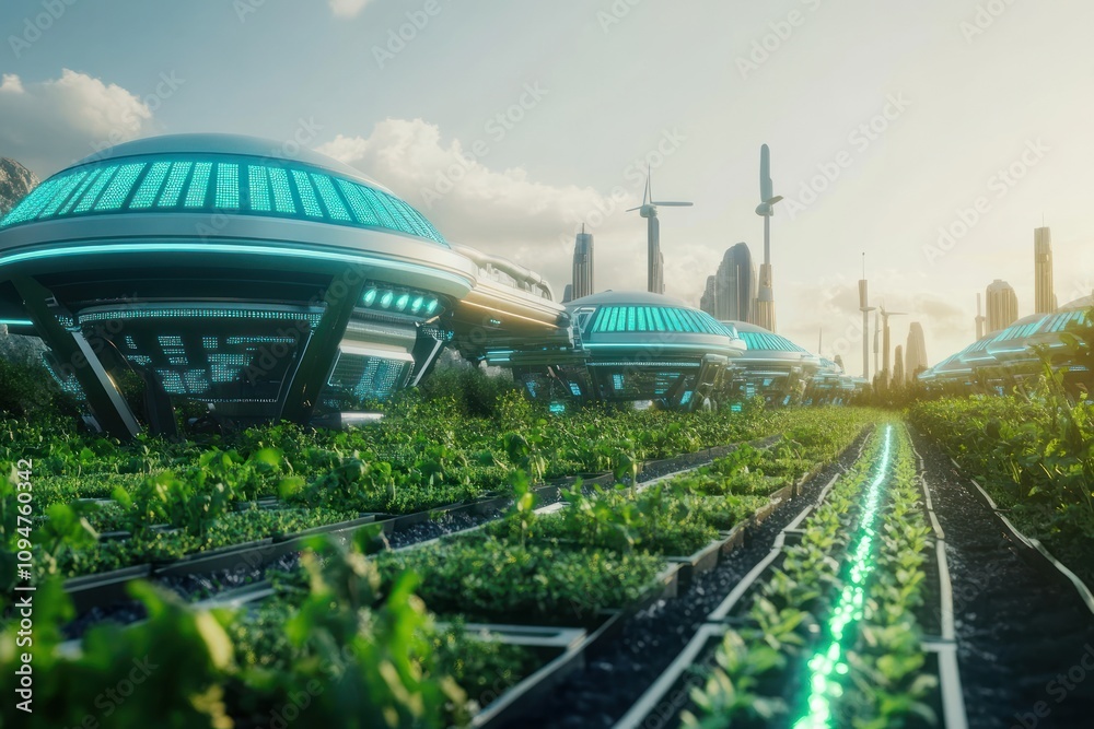 Naklejka premium Here's a and keyword list for your image.. Futuristic vertical farm in a sustainable city.