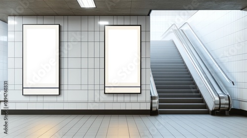 Blank Advertisement Space in Subway Station with Escalator and Stairs