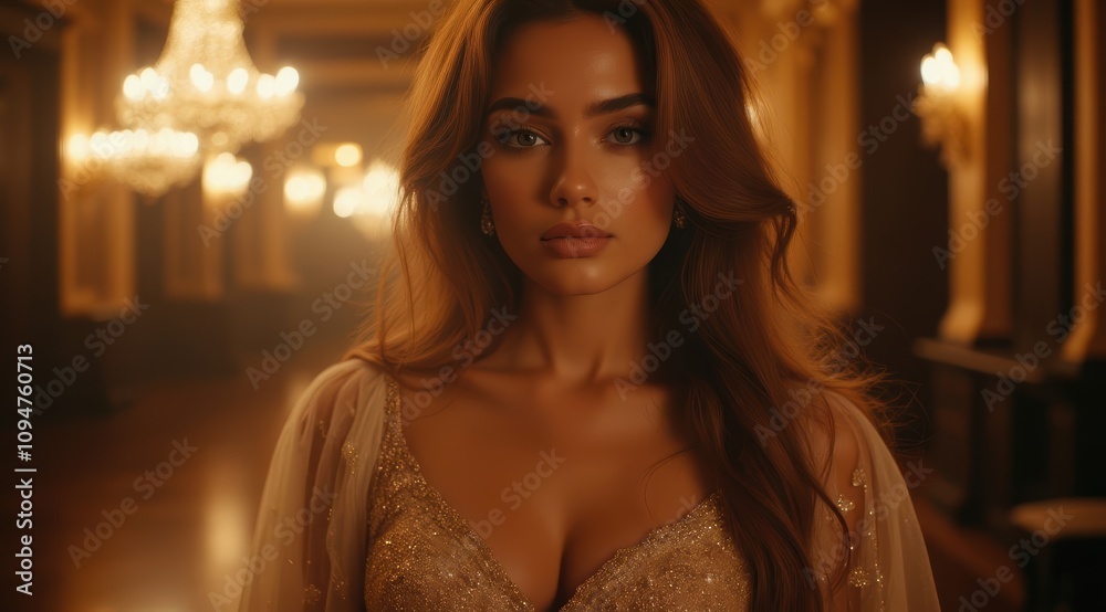 Elegant young woman in golden gown. Elegant young woman in golden gown.