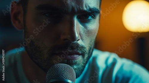 A vocalist warming up with vocal exercises while standing in front of a studio microphone photo