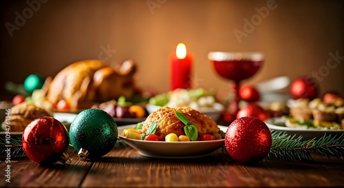 Colorfull christmass diner table with food, ornaments and decoration photo