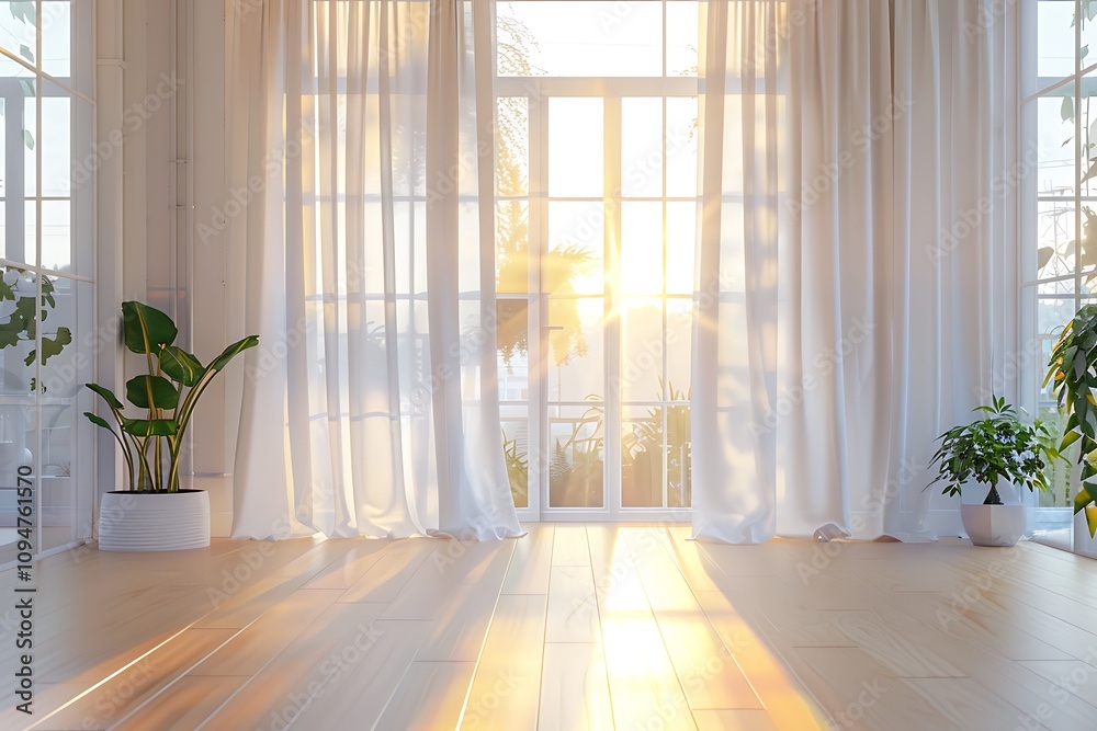 Bright sunrise through the window with white curtains fluttering, clean and simple interior, floor-to-ceiling windows, light wood floors, large white walls, golden sunlight streaming down, plants Bright sunrise through the window with white curtains fluttering, clean and simple interior, floor-to-ceiling windows, light wood floors, large white walls, golden sunlight streaming down, plants