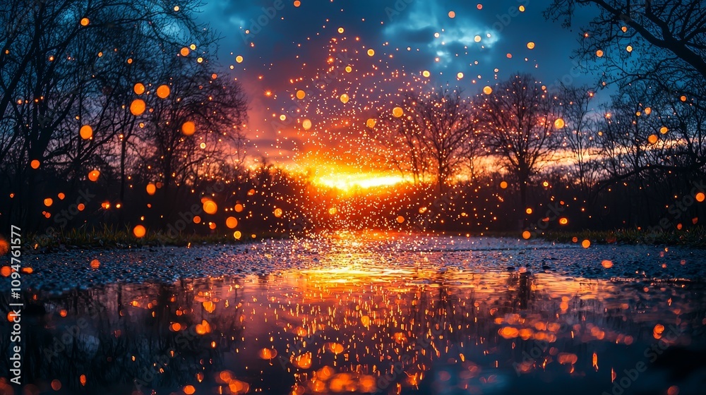 Fototapeta premium Breathtaking sunset reflecting on a rain-soaked surface in nature's beauty