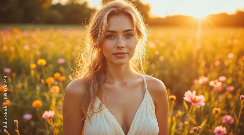 Young woman in a field at sunset Young woman in a field at sunset