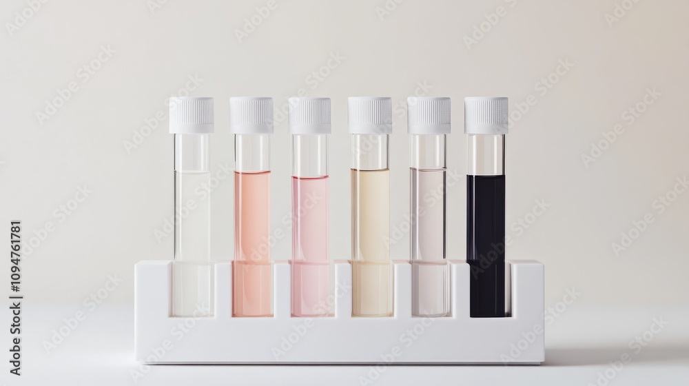 Various test tubes containing liquids in shades of yellow, orange, and clear are neatly arranged on a simple table. Natural light enhances the vibrant colors, creating an atmospheric effect.
