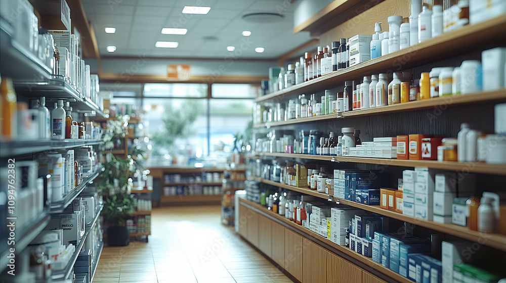 A pharmacy with many shelves of medicine. The store is well lit and the shelves are organized. There are many different types of medicine on the shelves, including vitamins and supplements A pharmacy with many shelves of medicine. The store is well lit and the shelves are organized. There are many different types of medicine on the shelves, including vitamins and supplements