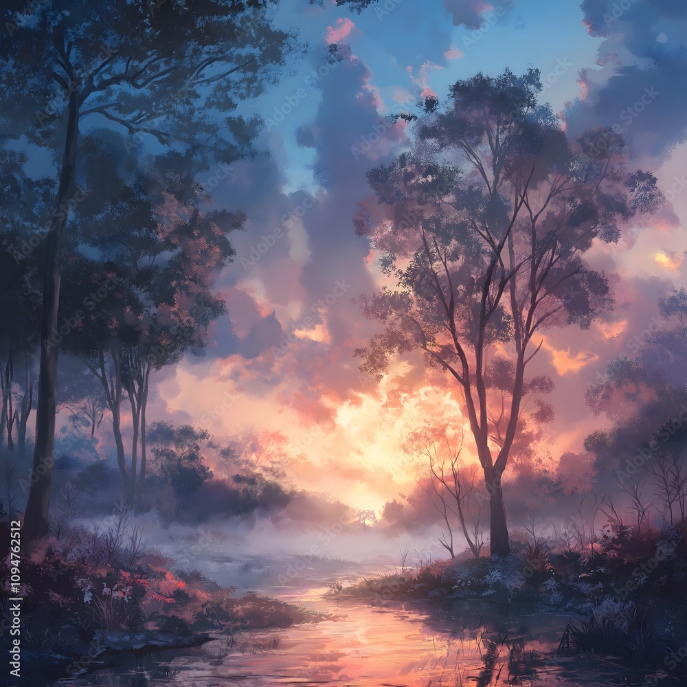 Serene sunset over misty forest stream. Serene sunset over misty forest stream.