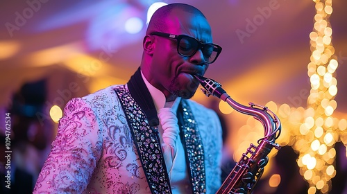 A saxophonist playing a soulful solo on stage with an elegant lighting design