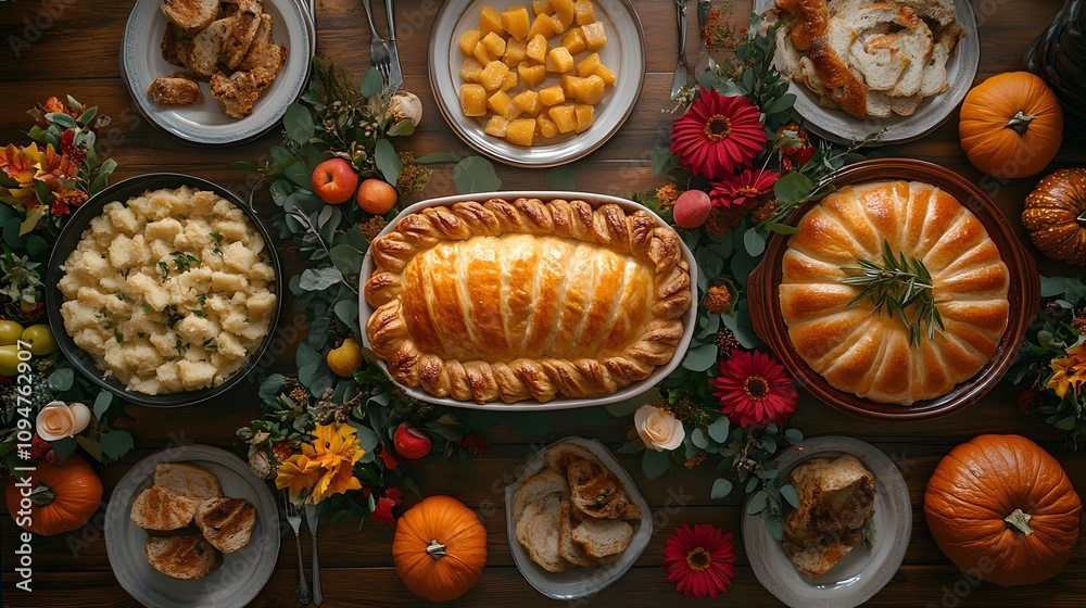 Thanksgiving buffet-style table with a variety of dishes, fall decorations, and warm tones Thanksgiving buffet-style table with a variety of dishes, fall decorations, and warm tones