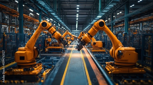 Industrial Robots on an Assembly Line in a Modern Factory