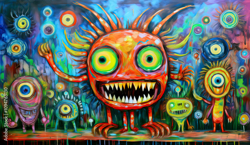 Horror-themed psychedelic painting of a monstrous figure