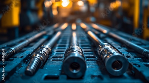 Close-up of drill pipes on a metal platform in an industrial setting photo