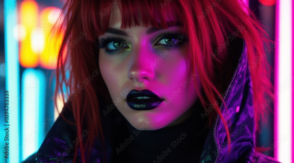 Stylish woman with striking red hair.